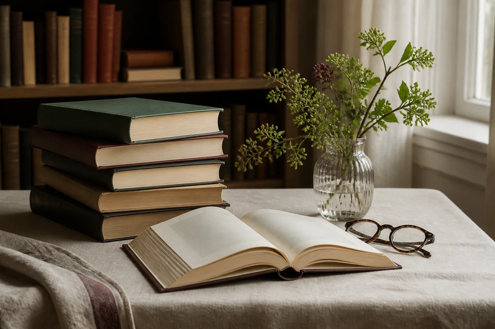An open book, reading glasses, botanical stems and a stack of clothbound books beside a softly lit bookshelf