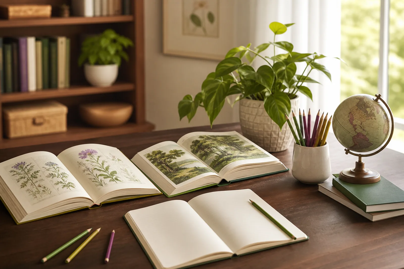 Open learning books, a notebook, coloured pencils, a globe and a leafy plant on a home study table
