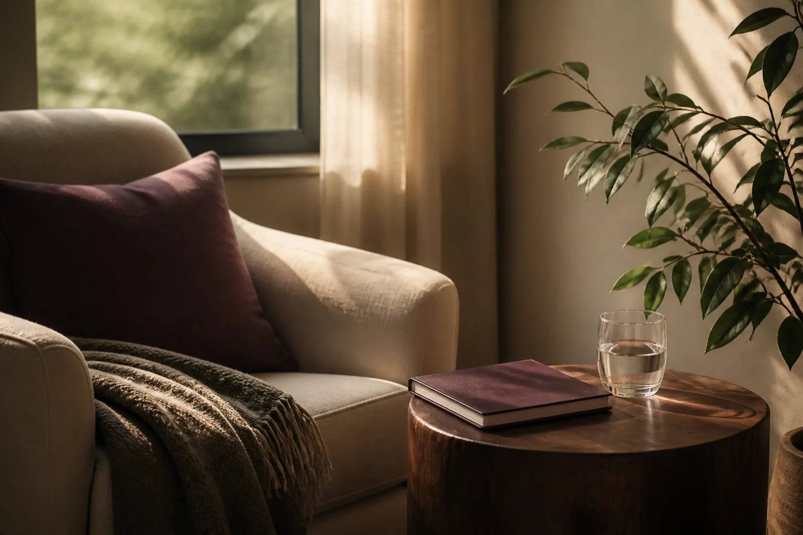 A quiet reading chair beside a wooden table holding a journal and glass of water in warm evening light