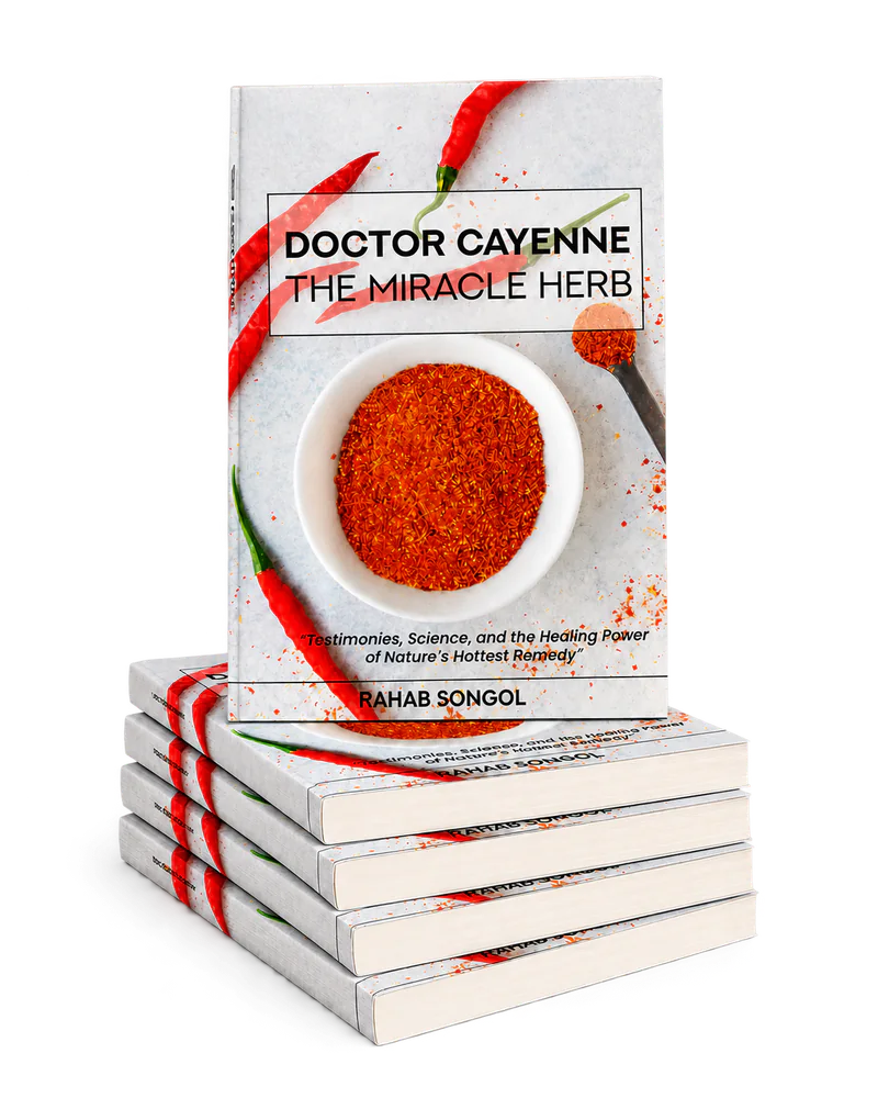 A stack of Doctor Cayenne: The Miracle Herb books by Rahab Songol
