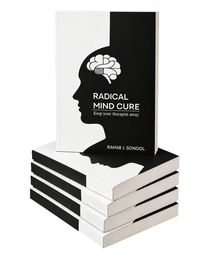 A stack of Radical Mind Cure: Keep your therapist away books by Rahab J. Songol